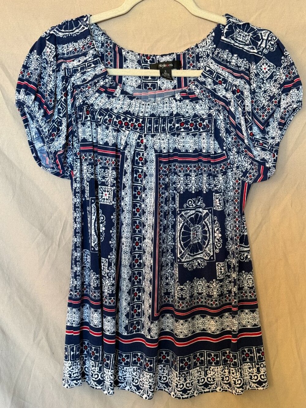 Style & Co Boho Geometric Medallion Blouse Large Navy Blue Red Smocked Neck